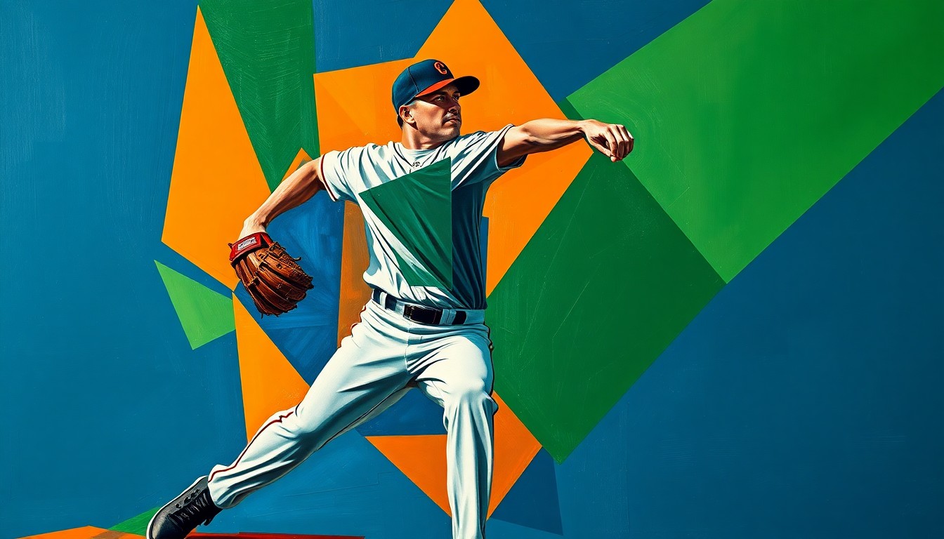 A fractured, multi-perspective painting using sharp, overlapping geometric planes in navy, green, and orange to conceptually represent a baseball pitcher's windup and delivery.