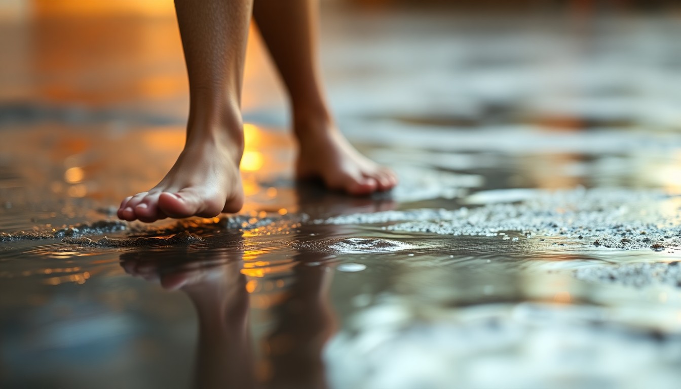 An extremely abstracted, out-of-focus photograph of a person's feet walking on a wet, reflective surface, with soft pools of warm light and color in the background, conceptually representing the aftermath of a slip and fall accident.