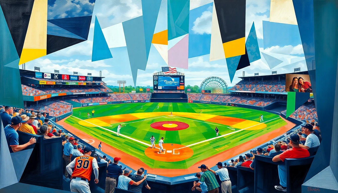 A fragmented, geometric painting in the style of Pablo Picasso, depicting a baseball game in an abstract, multi-perspective composition, with the players' movements and the field of play broken down into sharp, overlapping planes of color and shape.