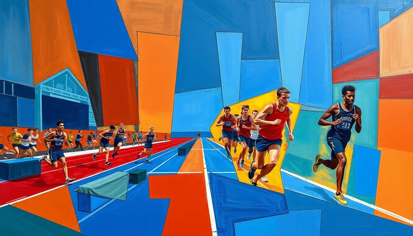 A cubist, geometric painting depicting the dynamic motion and competition of a high school track and field event, with overlapping planes of color and form capturing the energy and intensity of the athletes' performances.