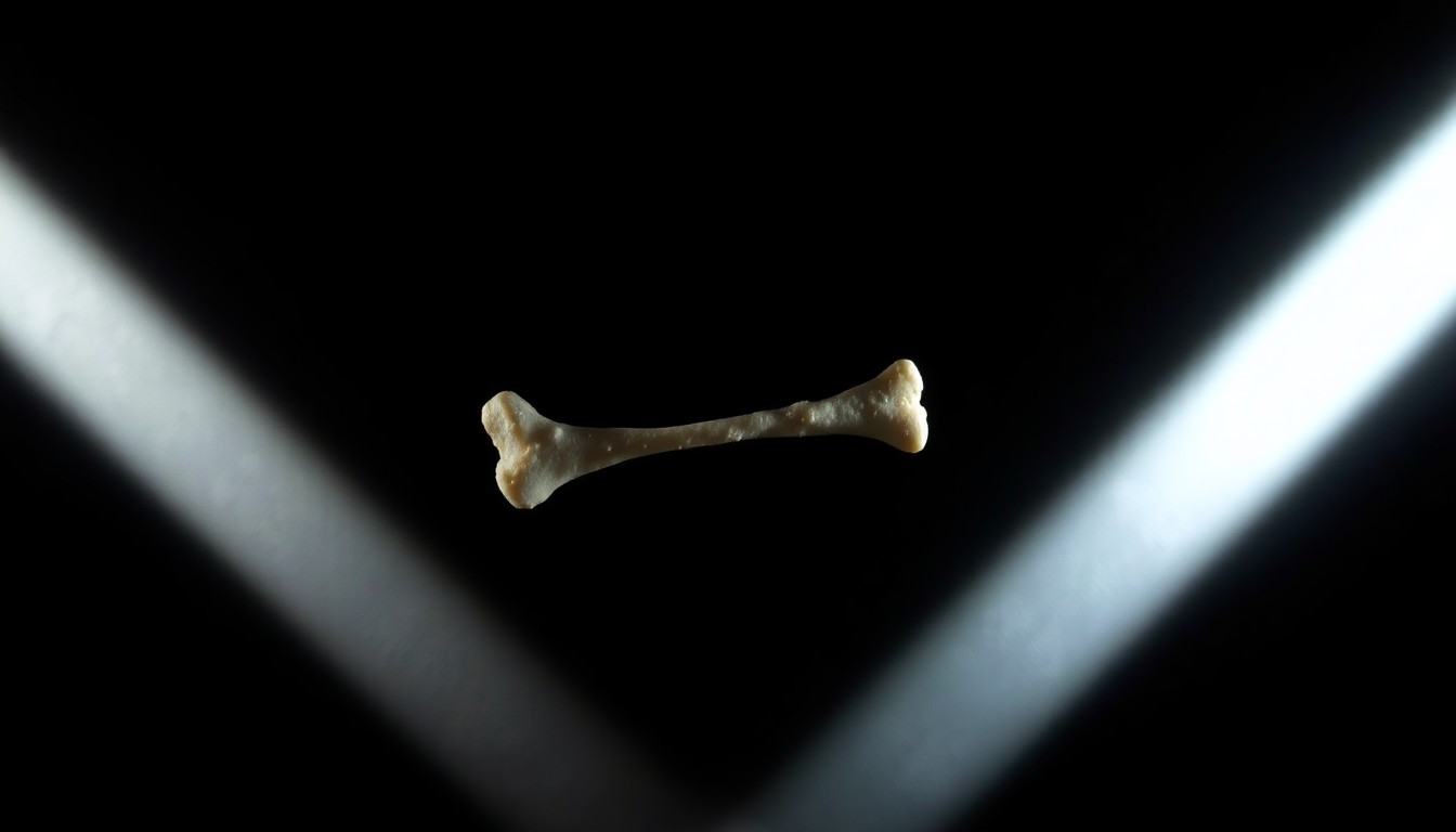 An extreme close-up photograph of a small, unidentified bone fragment against a stark black background, conceptually representing the discovery of human remains in a crime investigation.