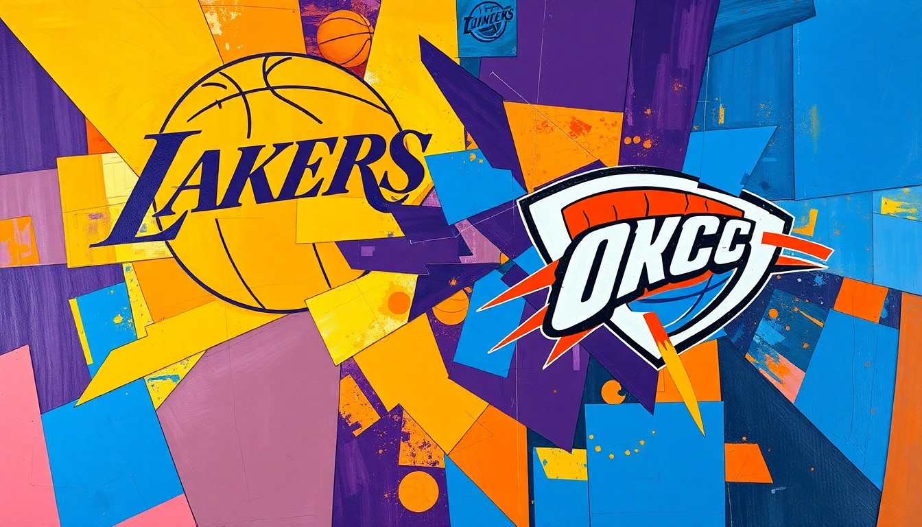 A cubist, geometric painting depicting a basketball game or match, with the players and court broken down into sharp, overlapping planes of purple, gold, blue, and orange.