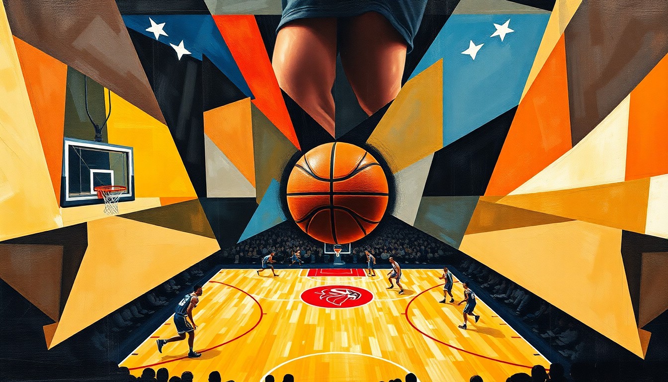 A fractured, cubist-style painting depicting the final seconds of the Hawks-Knicks game, with the basketball and players broken down into sharp, overlapping geometric shapes and planes, conveying the intensity and drama of the game-tying shot that did not count.