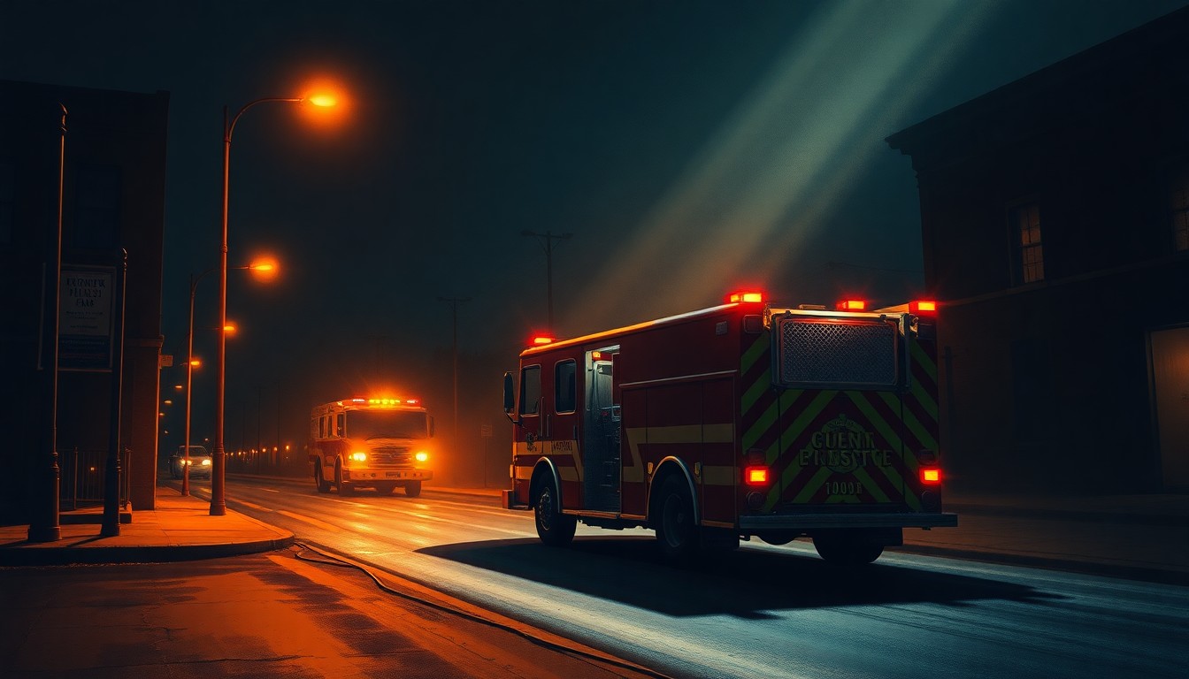 A photorealistic painting of a solitary fire engine parked on a dimly lit urban street, with warm sunlight casting deep shadows across the scene, creating a contemplative and nostalgic mood.