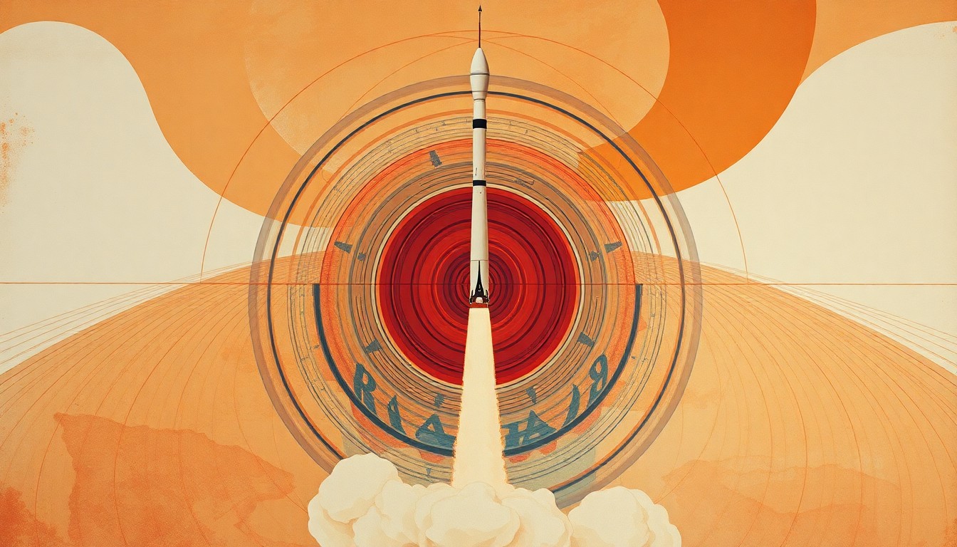 A bold, abstract painting in the style of Hilma af Klint, featuring sweeping geometric arcs, concentric circles, and precise spirals in earthy tones of orange, red, and blue, conceptually representing the structural power and order of a Falcon 9 rocket launch.