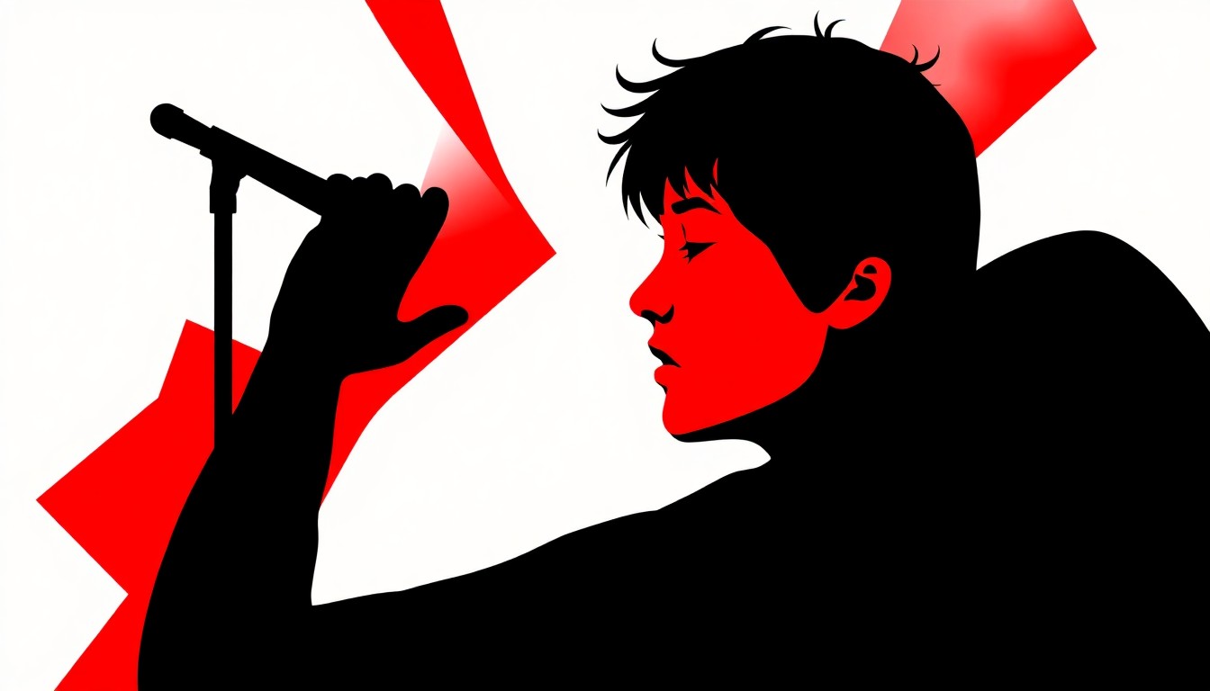 An abstract illustration featuring bold, jagged black silhouettes against a high-contrast red and white background, conceptually representing the disappointment and backlash over a young musician's elimination from a national talent competition.