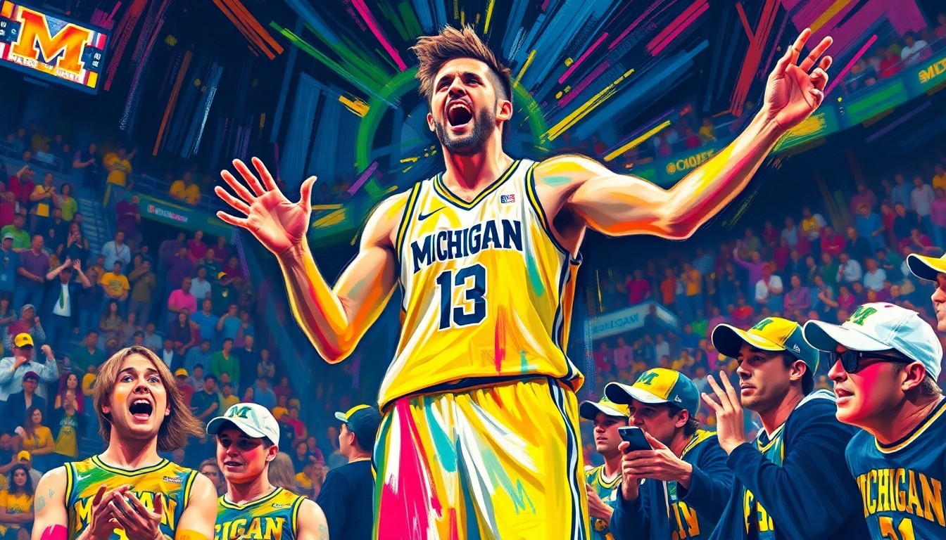 An expressionist painting in vibrant neon colors depicting the towering figure of Boban Marjanović surrounded by the Michigan student section, capturing the raw energy and excitement of his unexpected appearance at the game.