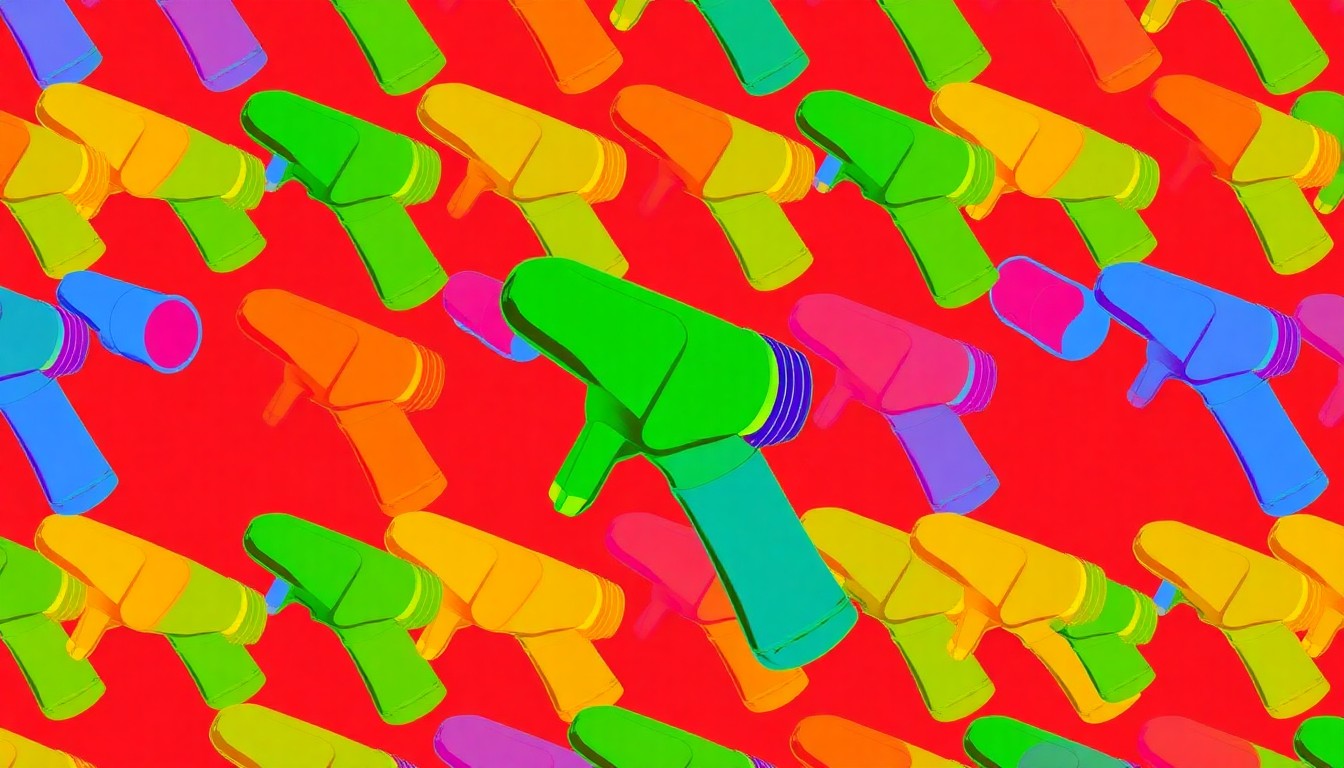 A brightly colored, high-contrast silkscreen print of a garden hose nozzle repeated in a tight grid pattern, conceptually representing the city's efforts to conserve limited water supplies.