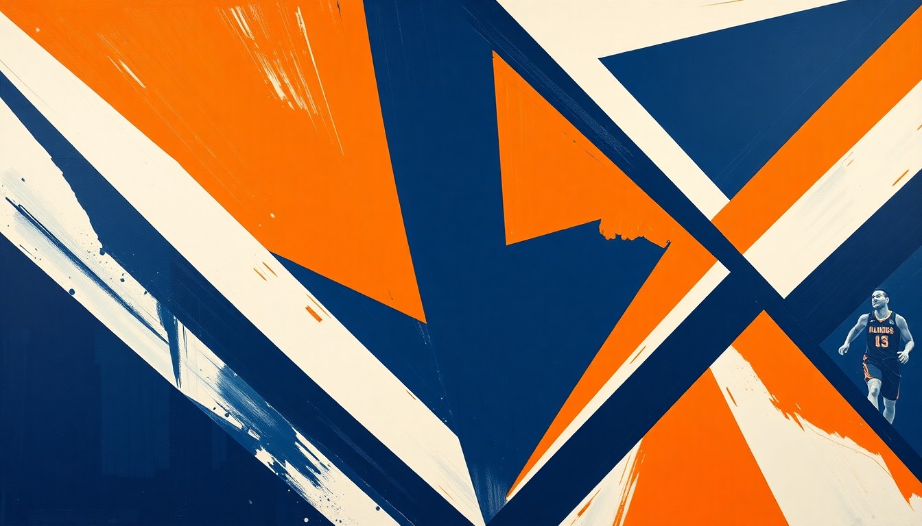 A fragmented, geometric painting depicting basketball movements and the Illinois team's journey to the Final Four, rendered in a cubist style using sharp planes of navy, orange, and white.