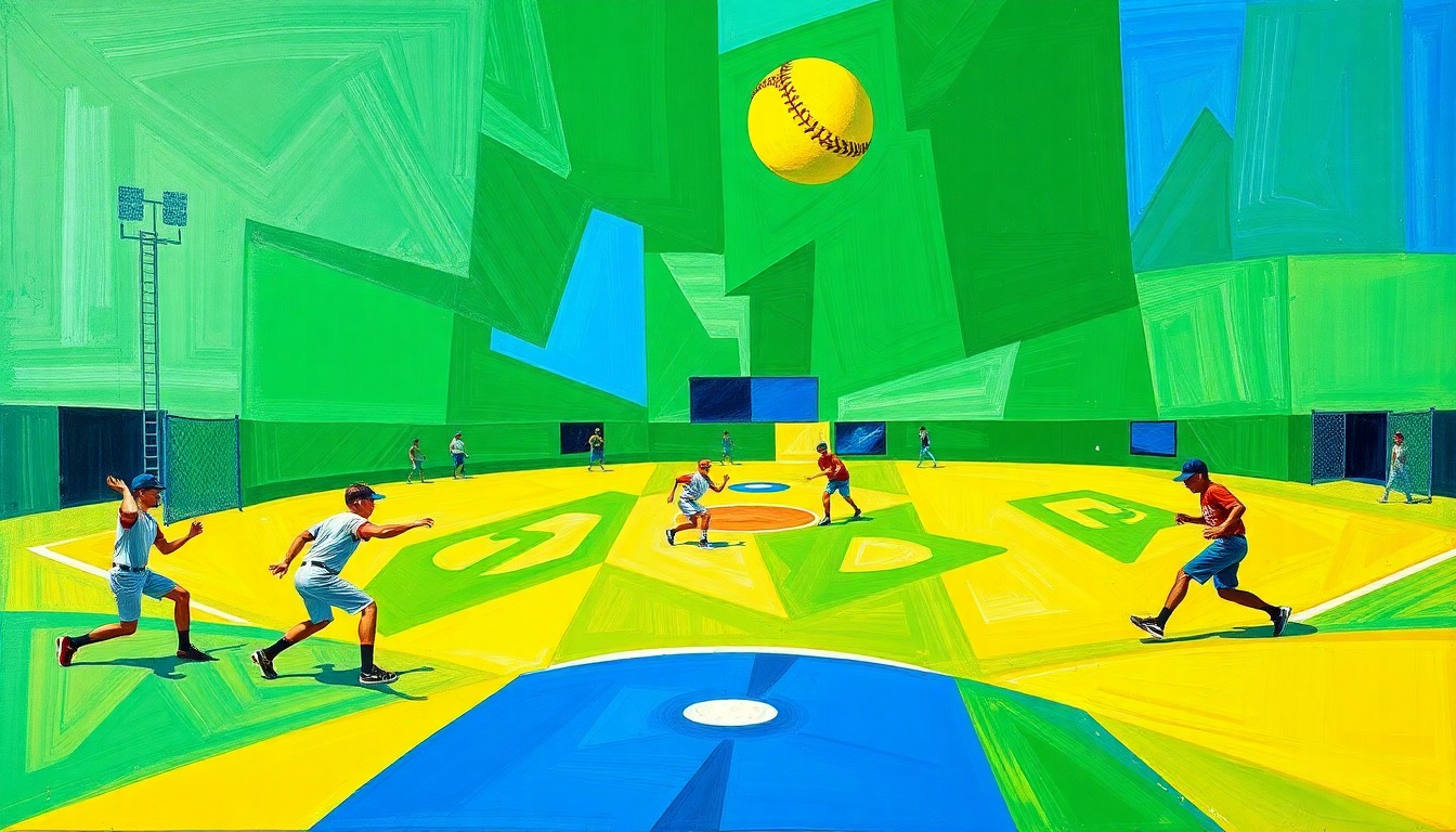 A fragmented, geometric painting depicting the motion and energy of a softball game, with overlapping shapes and planes in shades of green, yellow, and blue.