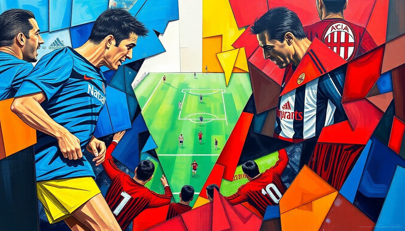 A cubist, geometric painting depicting the dynamic action of a soccer match, with the players' uniforms and movements fragmented into sharp, overlapping planes of vibrant blue and red.