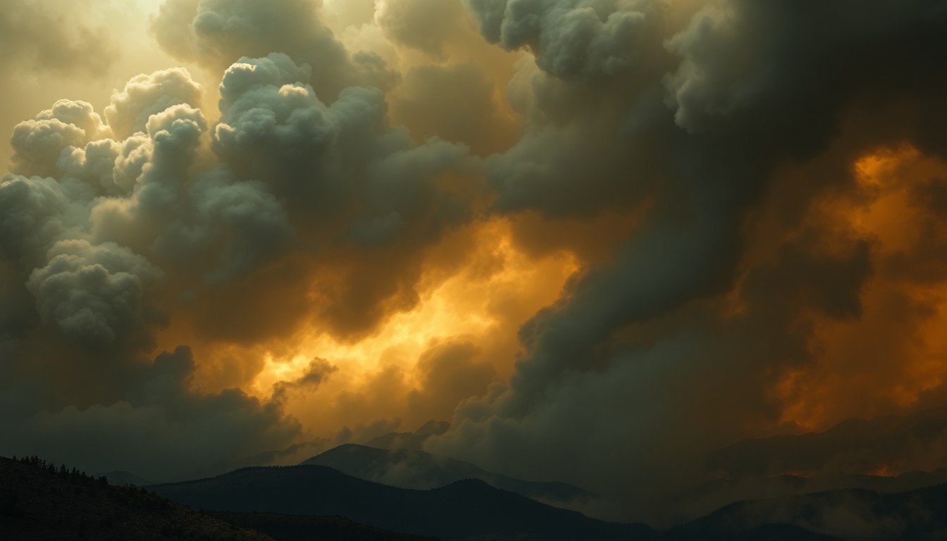 A sweeping, atmospheric landscape painting in muted earth tones, with a massive cloud of thick, dark smoke obscuring the horizon and dwarfing any visible structures or vegetation, conveying the overwhelming, sublime scale of an uncontrolled wildfire.