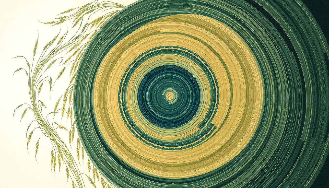 A bold, abstract painting in earthy tones of green, brown, and blue, featuring sweeping geometric arcs, concentric circles, and precise botanical spirals, conceptually representing the complex ecological and cultural significance of wild rice restoration in the Detroit River.