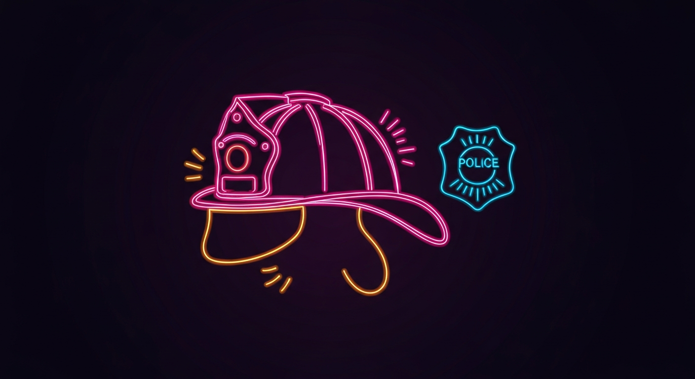 A glowing, vibrant neon outline of a firefighter's helmet against a dark background, conceptually representing the importance of protecting the health of emergency service workers.