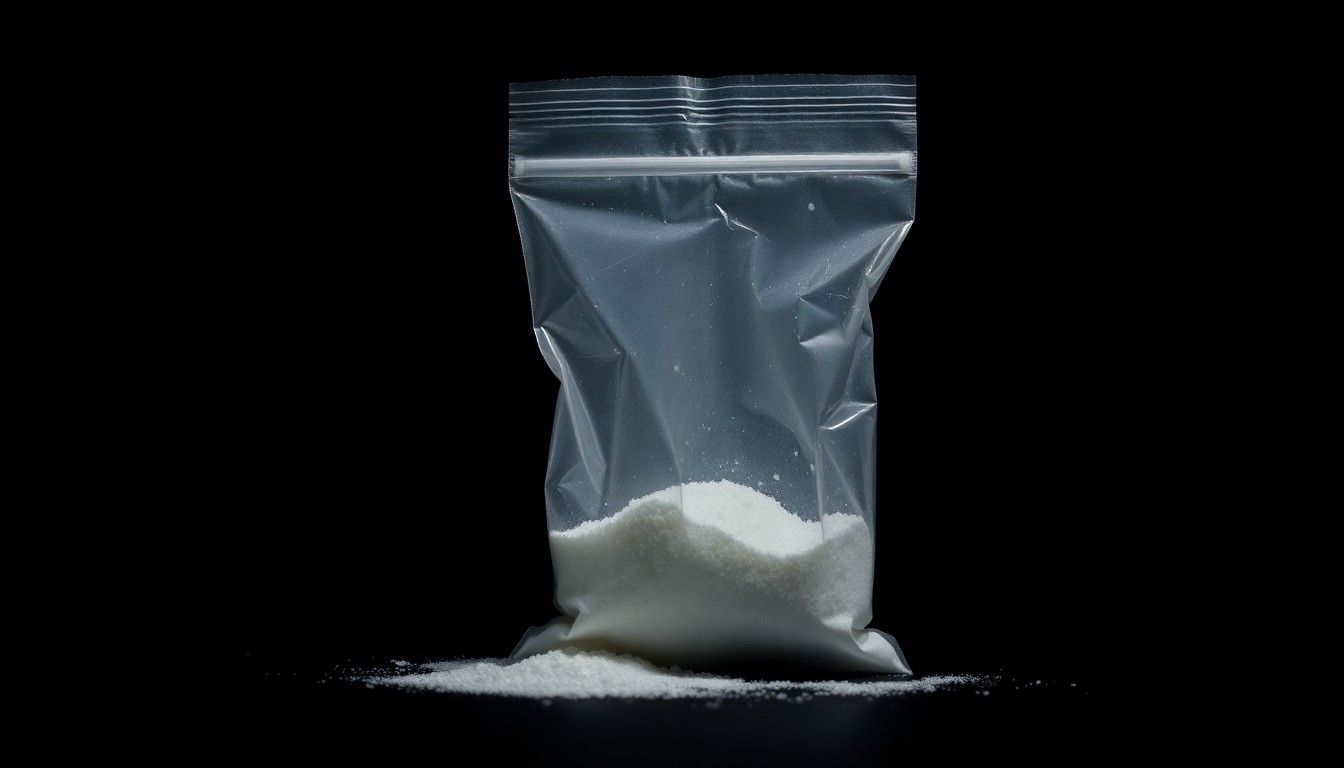 An extreme close-up photograph of a small plastic bag containing a white crystalline powder, lit by a harsh, direct camera flash against a pitch-black background, creating a stark, gritty, investigative aesthetic.