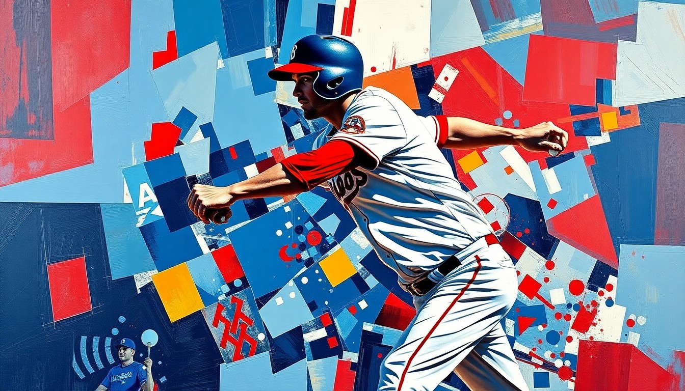 A cubist, geometric painting depicting a baseball infielder in motion, with sharp, overlapping planes of navy blue, red, and white colors representing the Guardians' team palette.