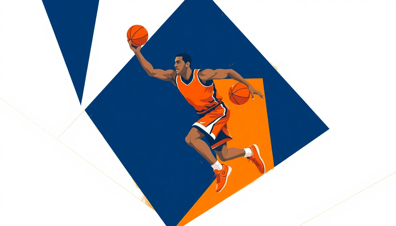 A cubist-style illustration featuring sharp, overlapping geometric planes of bright orange, navy blue, and white, depicting a basketball player in motion and capturing the dynamic energy of the sport.