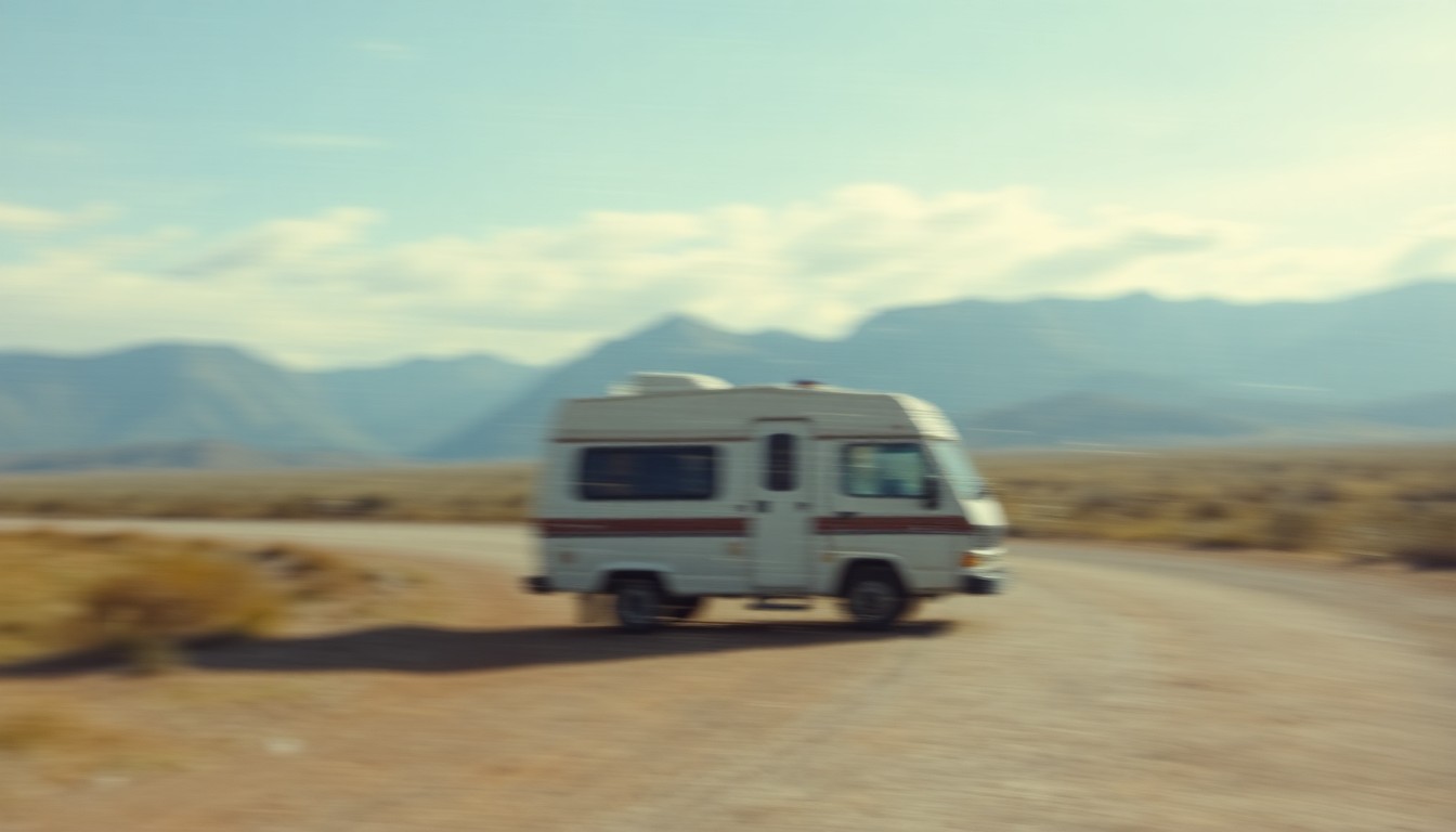 An extremely abstracted, out-of-focus photograph of a blurred camper van parked on a dirt road with mountains in the distance, conveying a sense of isolation and precariousness.