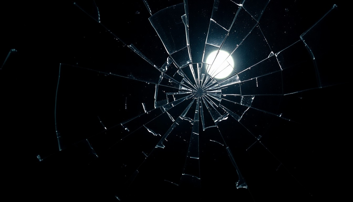 An abstract close-up photograph of a shattered, reflective glass surface in moody, low-key lighting, conveying a sense of fragility and danger.
