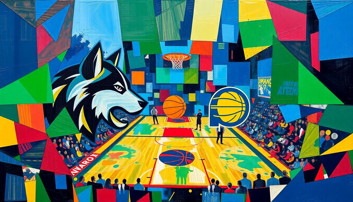 A fragmented, geometric painting depicting a basketball game with overlapping planes of color representing the teams, conveying the competitive spirit and challenges faced by both squads.