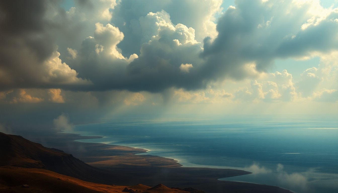 A sweeping, atmospheric landscape painting depicting the vast expanse of the Great Salt Lake, surrounded by dramatic clouds and hazy light that dwarfs any physical structures or human elements, conveying the sublime scale and fragility of this natural wonder.