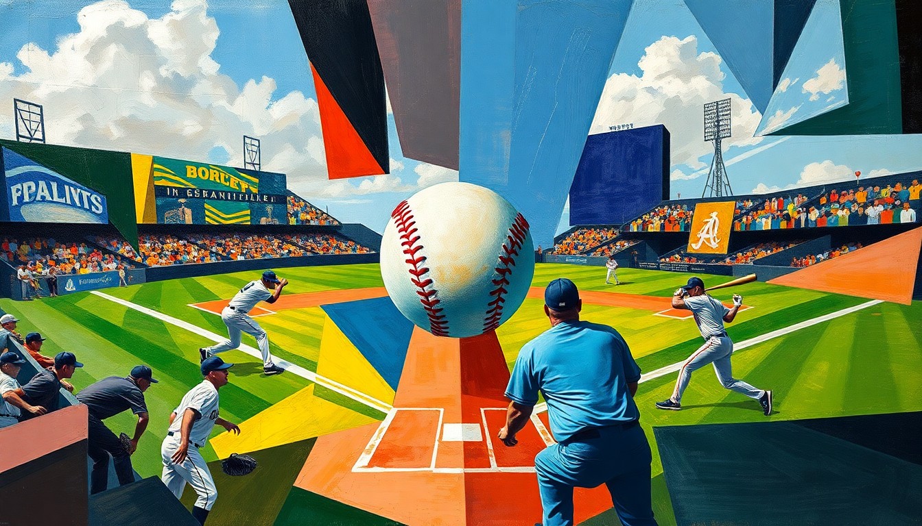 A cubist-style painting depicting a baseball game in an abstract, geometric manner, with the ball, bats, and players' movements broken down into sharp, overlapping planes of color and shape.
