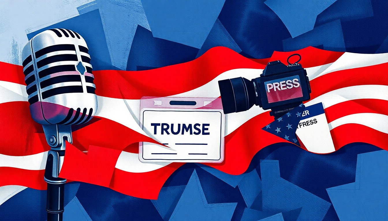 A dynamic, abstract painting featuring fragmented shapes and lines in shades of red, white, and blue, conveying the turbulent relationship between the media and the Trump administration.