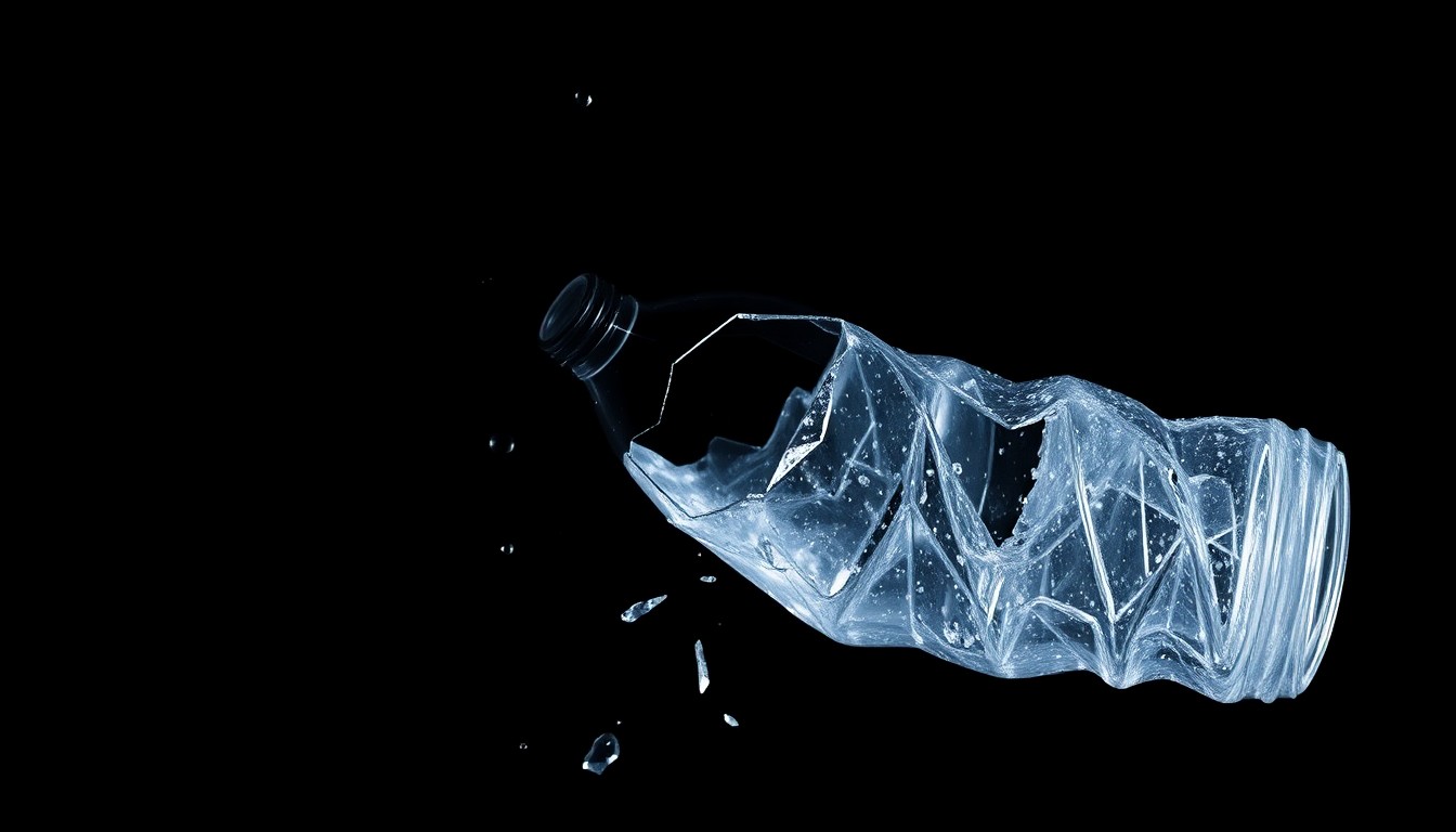 An extreme close-up of a shattered plastic water bottle against a stark black background, conceptually illustrating the violent incident in the Lotus community.