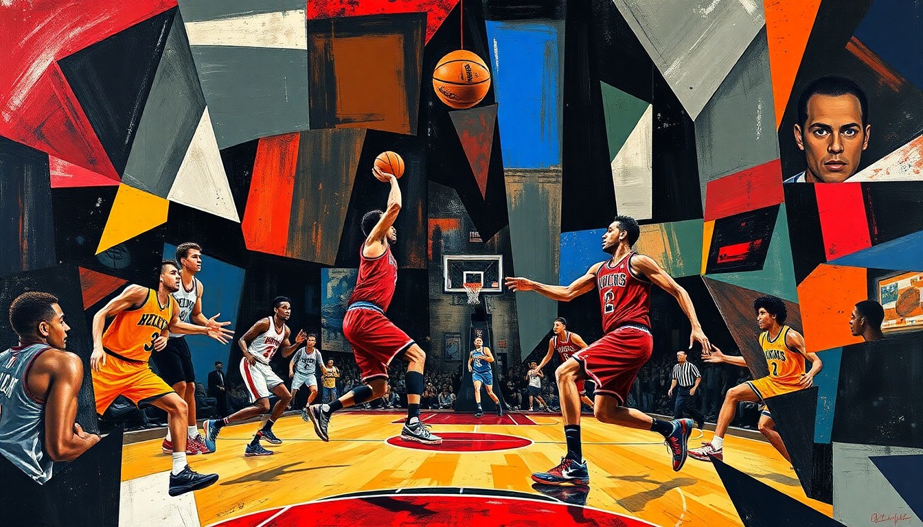 A fractured, multi-perspective painting depicting the final seconds of a basketball game, with the players' movements and the ball's trajectory broken down into sharp, overlapping geometric shapes and planes, conveying the tension and drama of the game's climactic moments.