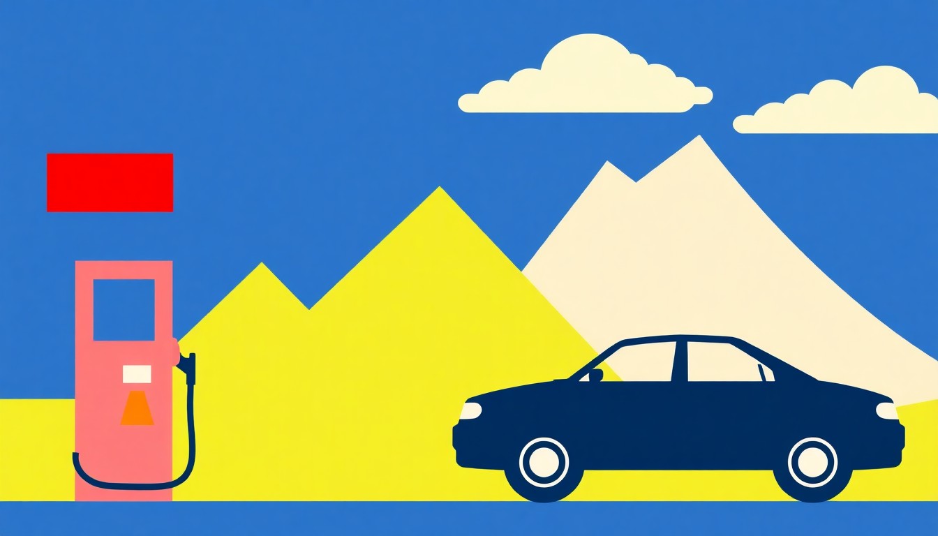 A vibrant abstract illustration composed of overlapping triangles and circles in shades of red, blue, and yellow, conveying the concept of rising gas prices and the need for fuel-efficient driving.
