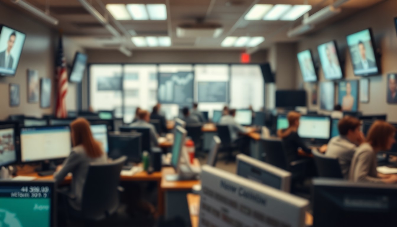 An abstract, out-of-focus photograph in warm, hazy tones depicting the activity of a local newsroom, conveying the importance of community journalism.