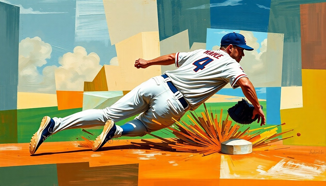 A fragmented, geometric painting depicting a baseball player sliding into a base, the scene broken down into sharp, overlapping planes of color and form to create a dynamic, abstract representation of the athletic action.
