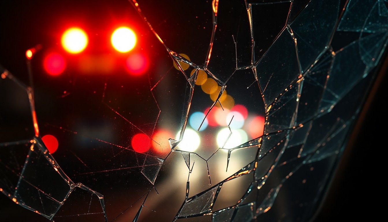 An extreme close-up photograph of shattered car window glass, reflecting the faint outline of emergency vehicle lights in the distance, conceptually illustrating the tragic aftermath of a fatal collision.