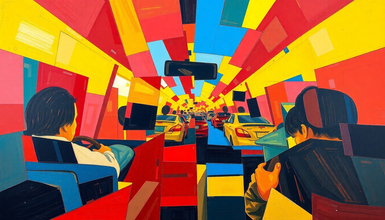 A cubist-style painting featuring sharp, overlapping geometric shapes in bright primary colors, conceptually representing the chaotic energy of a road rage altercation.