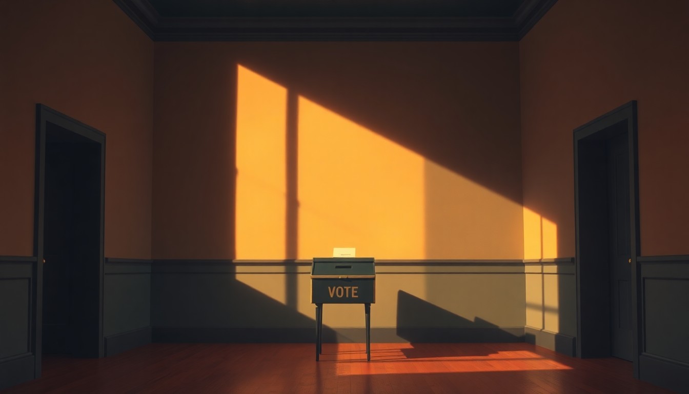 A serene, textured painting of a simple voting booth or ballot box in a dimly lit municipal building, with warm sunlight streaming through a window and casting deep shadows, conveying a sense of civic duty and small-town nostalgia.