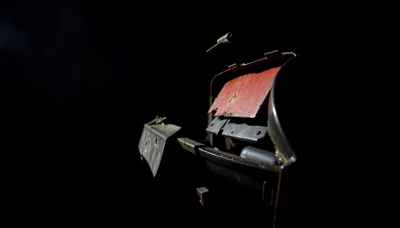 An extreme close-up photograph of a twisted, mangled car part or piece of metal, dramatically lit by a harsh flash against a pitch-black background, conceptually illustrating the aftermath of a train-vehicle collision.