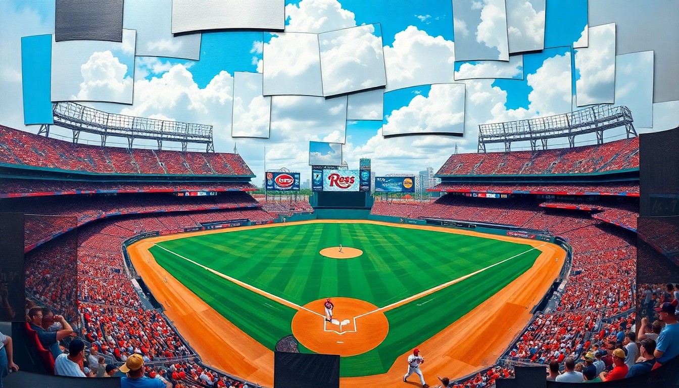 A cubist-style painting depicting a baseball game in a fractured, multi-perspective manner, with sharp, overlapping geometric planes representing the action on the field.