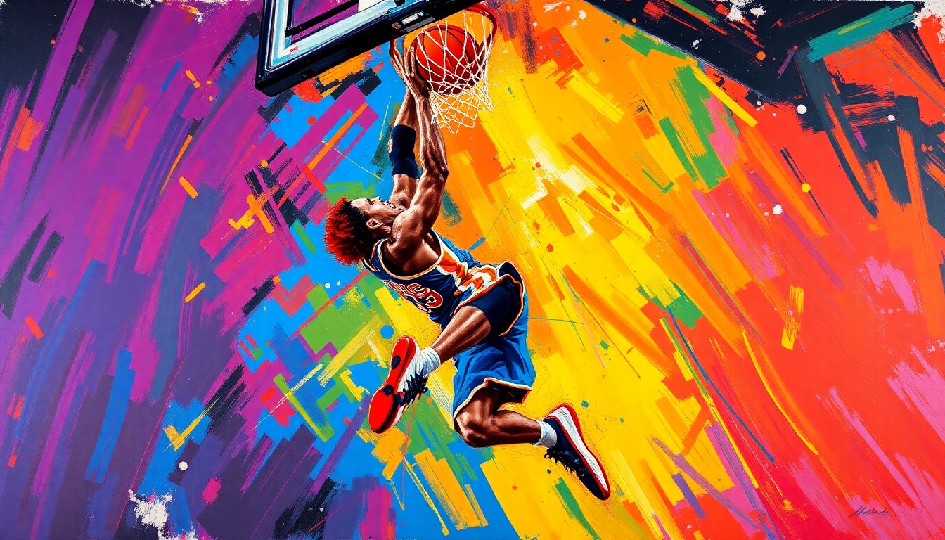 An abstract, energetic painting in neon colors depicting the explosive motion of a basketball player dunking the ball, conceptually representing the excitement and energy of the March Madness tournament.