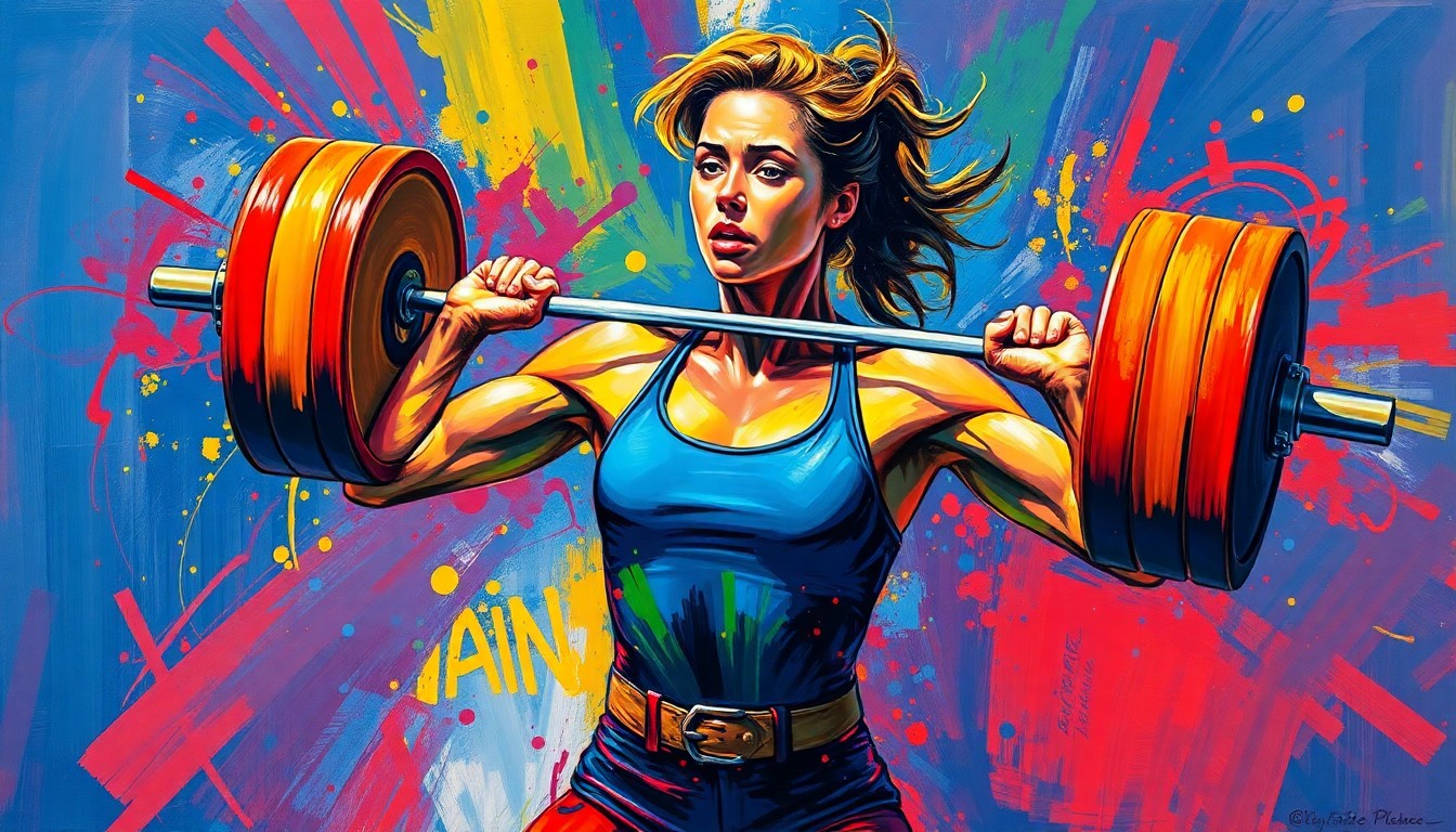 An abstract, expressionist painting in vibrant neon colors depicting the powerful, muscular form of a female weightlifter in mid-lift, with the figure's face and details dissolved into unrecognizable brushstrokes, conveying the intense energy and effort of the athletic movement.