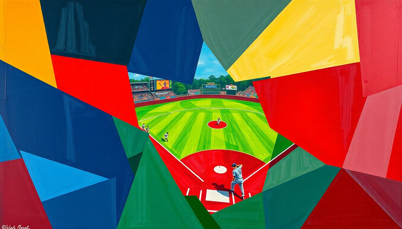 A cubist, geometric painting depicting the action and energy of a high school baseball or softball game, with sharp, overlapping shapes in a vibrant color palette conveying the competitive spirit of the players.