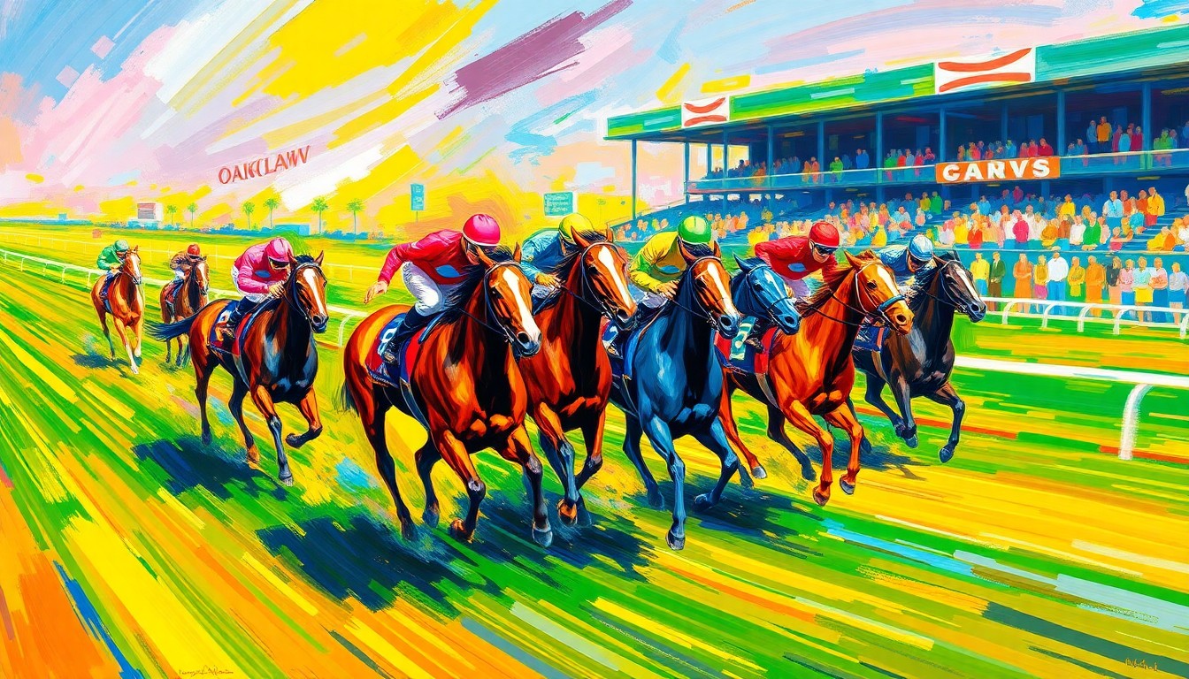 An abstract, expressionist painting featuring vibrant brushstrokes of neon colors capturing the dynamic motion and energy of a horse race at Oaklawn racetrack, with the horses and jockeys blurred into a colorful, gestural composition.