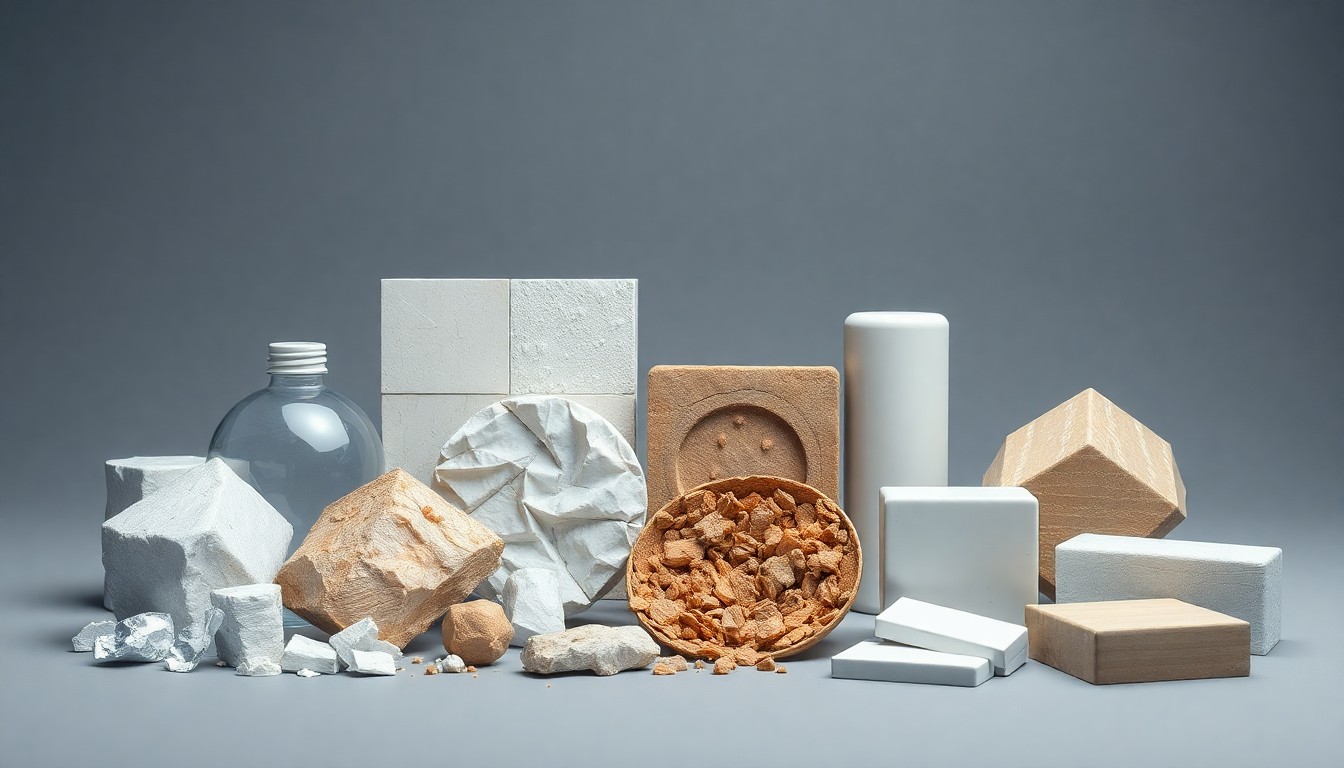 A minimalist studio still life photograph featuring a collection of sleek, metallic geometric shapes and premium raw materials, conceptually representing the abstract ideas of corporate strategy, finance, and automated manufacturing.