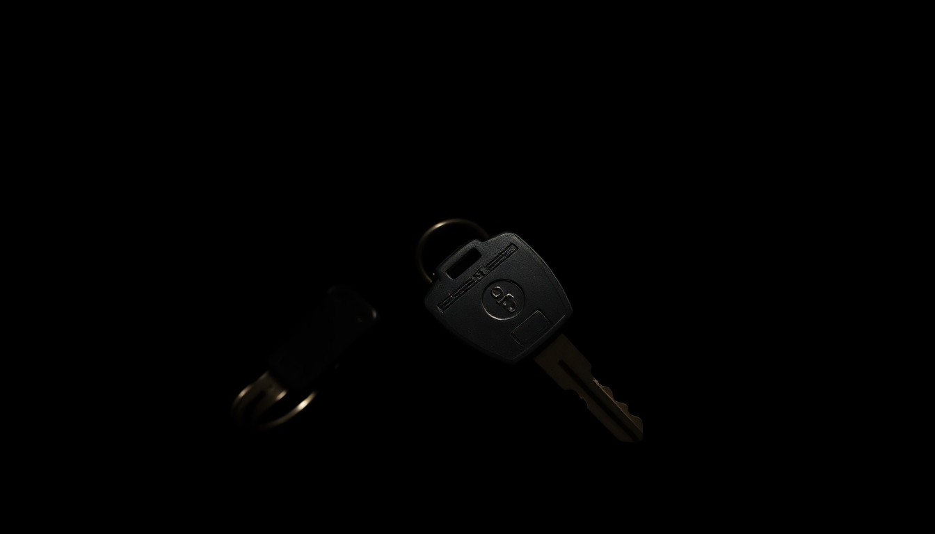 An extreme close-up photograph of a vintage car key and ignition switch against a stark black background, highlighting the details and textures of the metal and plastic components in a gritty, investigative style.