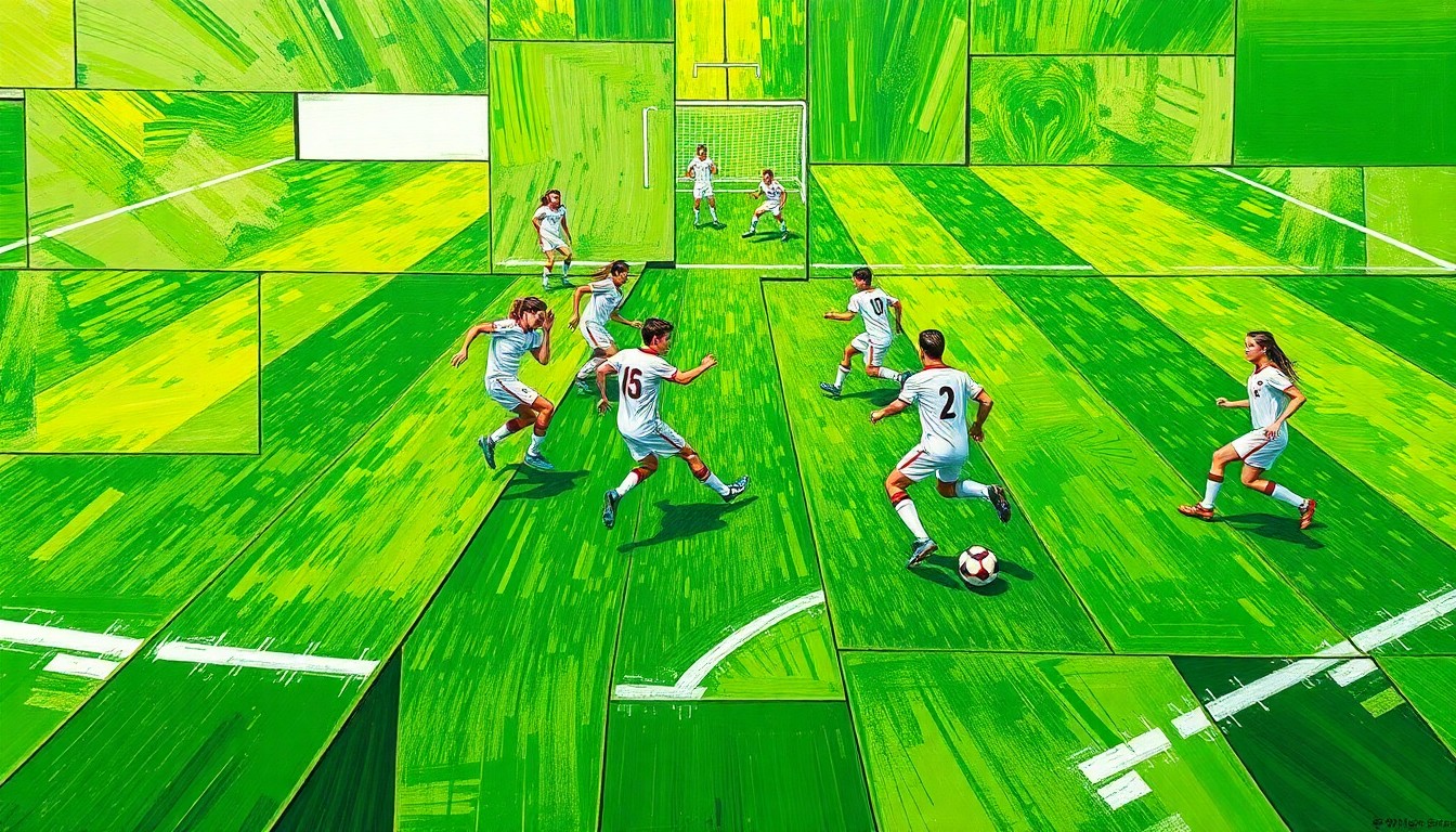A vibrant, cubist-style painting depicting the dynamic action of a high school soccer match, with the players' movements and the field itself broken down into sharp, overlapping geometric shapes and planes of color.