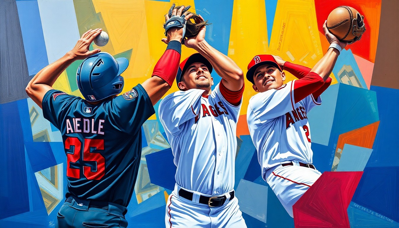 A fractured, cubist-style painting depicting the dynamic motion and multiple perspectives of Jo Adell making three leaping catches to rob Mariners players of home runs, with the bright colors of the uniforms creating a sense of energy and intensity.