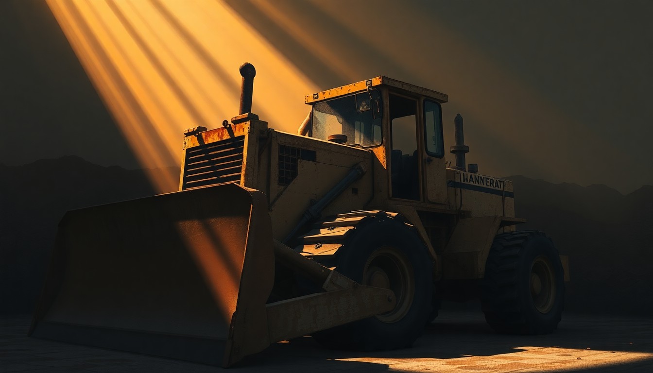 A cinematic painting depicting an old, weathered landfill bulldozer bathed in warm, diagonal sunlight and deep shadows, conveying a sense of industrial melancholy and the challenges of managing hazardous waste.