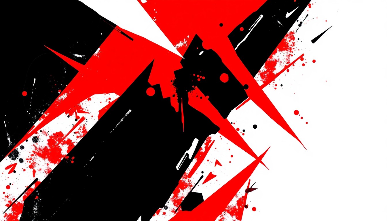 A dynamic abstract composition of bold, angular shapes in high-contrast black, white, and red, conveying the creative energy and artistic vision of an emerging young artist.