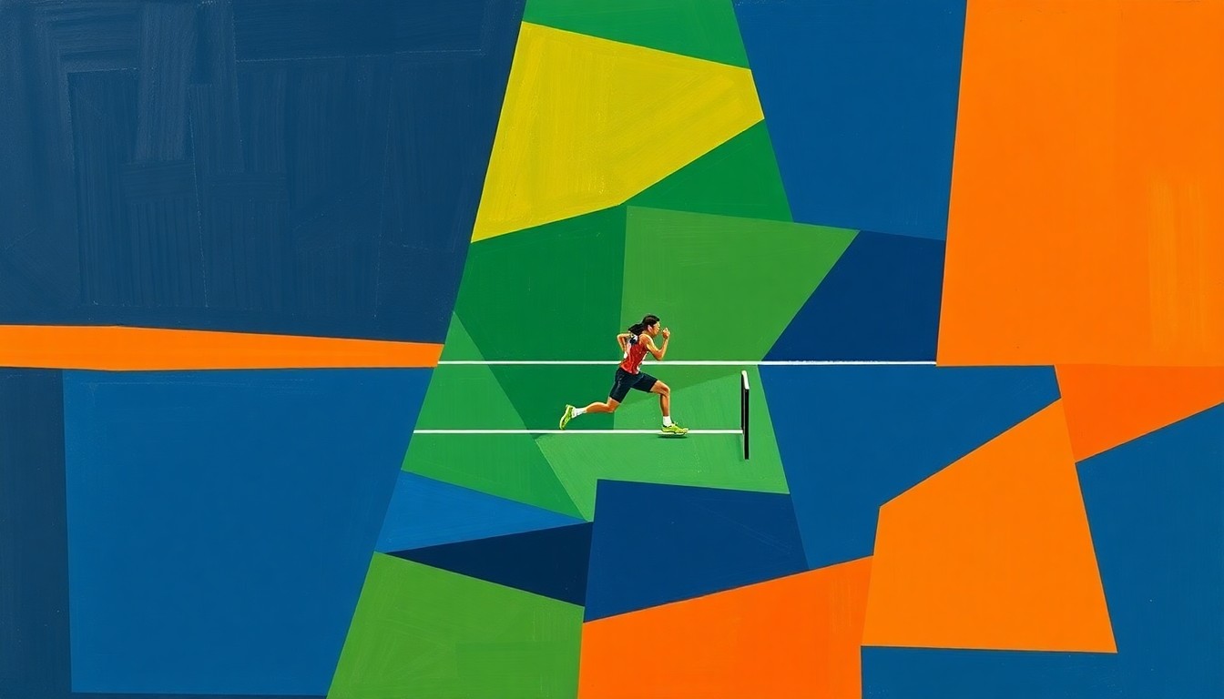 A fragmented, geometric painting depicting a track and field competition, with sharp planes of navy, green, and orange intersecting to create a dynamic, multi-angled composition that captures the energy and movement of the sport.