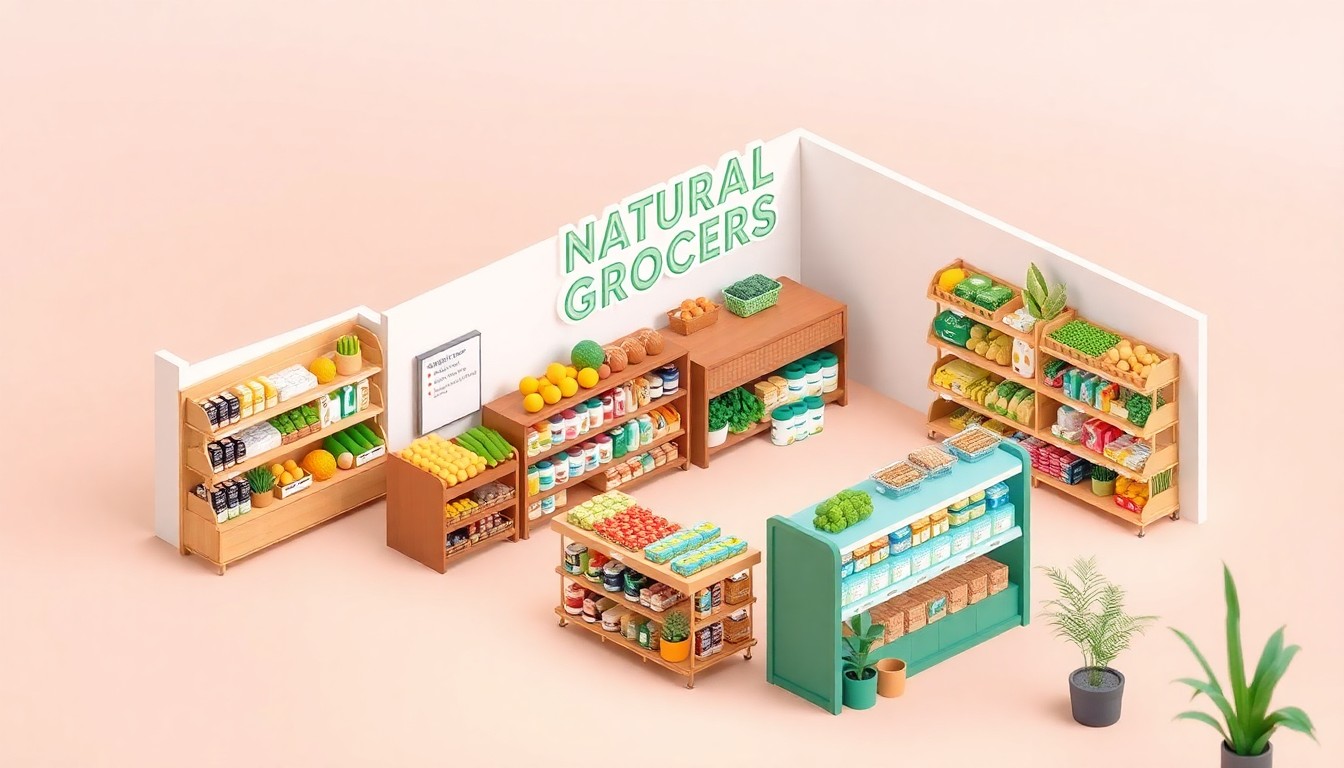 A stylized 3D illustration of the interior of a Natural Grocers store, featuring shelves of organic produce, supplements, and other health-focused products in a bright, modern setting.