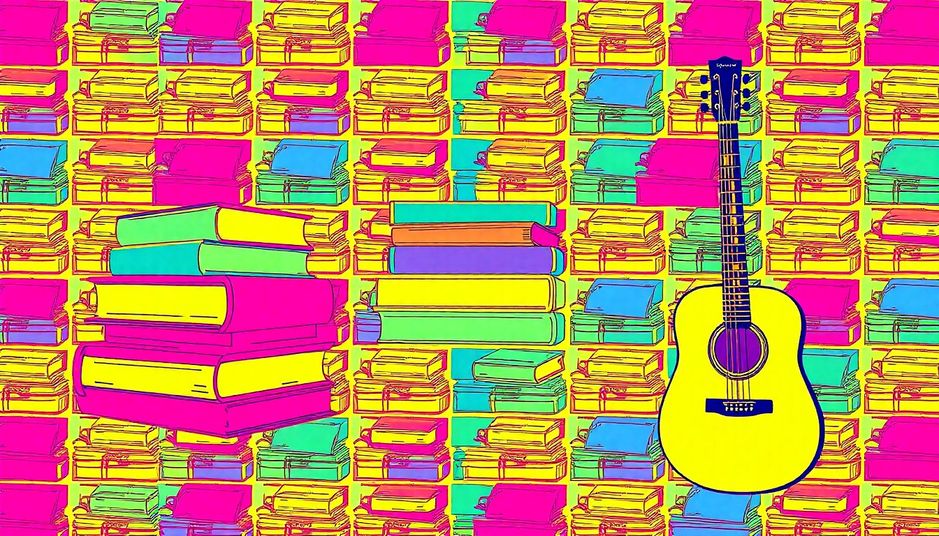 A bold, colorful silkscreen-style illustration featuring repeating images of textbooks, robotics kits, and musical instruments, conceptually representing the wide range of academic and extracurricular offerings funded by the Monongalia County schools levy.